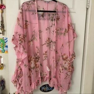 White Birch Women’s Ruffle Kimono Pink Floral Cover Up